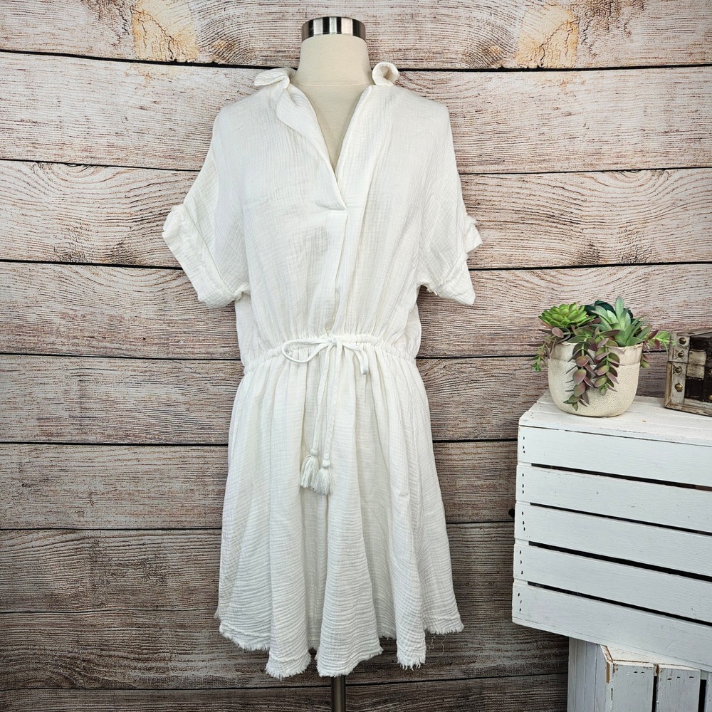 Aakaa White Gauze Mini Dress Collared Short Sleeve Fringe Hem‎ Boho Small
